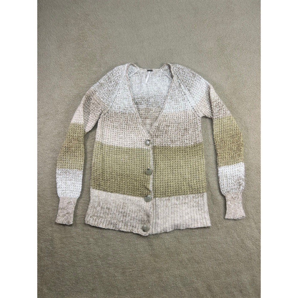 Free People Striped Knit Cardigan Sweater Neutral Tones Button Front Long Sleeve